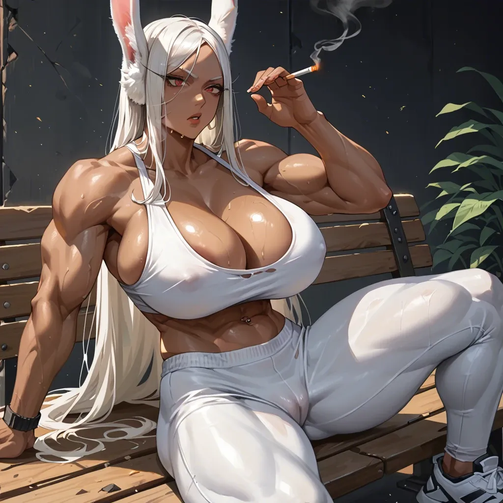 Miruko is sitting on a bench after exercising and smoking a cigarette, (anime styled illustration), she has huge gigantic massive tits