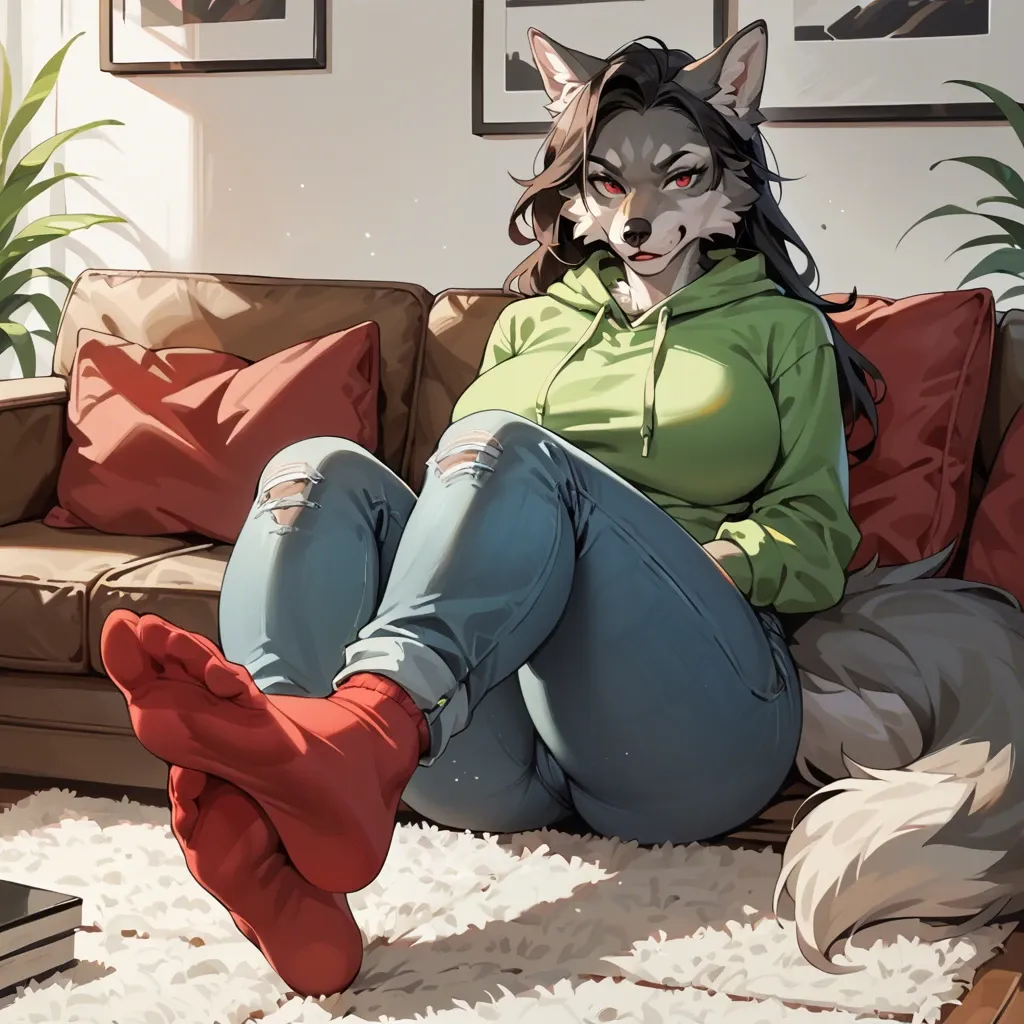 Furry, anthro, wolf,  long tail, full body, Milf, big boobs, curvy hips, grey body, sit on the sofa, green hoodie, jeans, red socks, cute face, foot focus