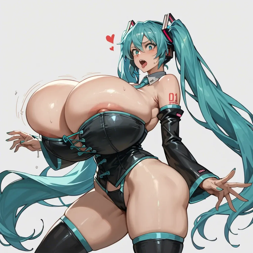 Hatsune Miku, gigantic tits,super giant breast,  big ass, corset, breast expansion