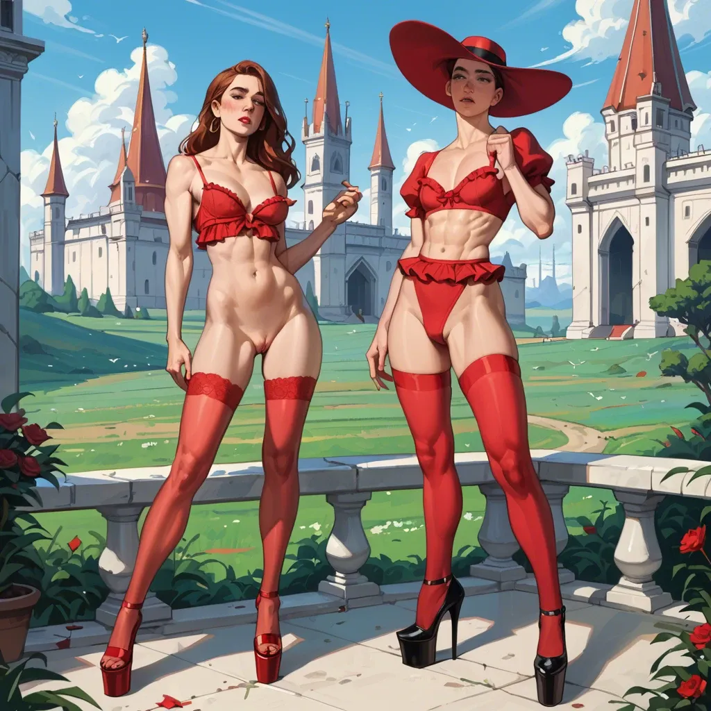 2girl, , , , cheekbones,platform heels,wide areola,from waist up,perfect skin, crossdressing,red stockings,garrison cap,frilled bra,high heels, palace bedroom, field, cyberpunk, shelf, linked, johanna