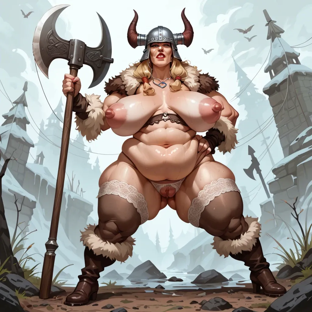 cartoonish view of blonde viking milf, huge fat inflated saggy tits with huge puffy nipples, fur lingerie, axe, helmet