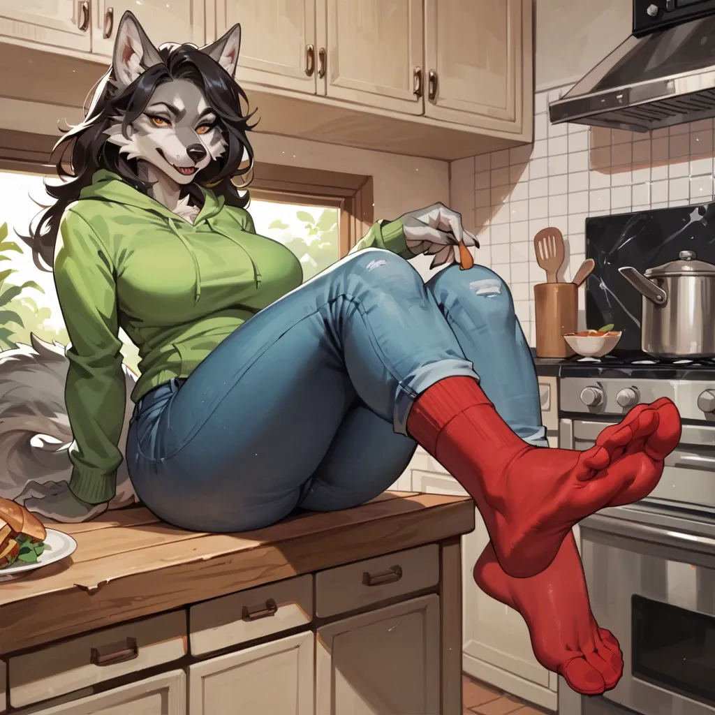 Furry, anthro, wolf,  long tail,  Milf, big boobs, curvy hips, grey body, Sitting in the kitchen, Feet on the table,   green hoodie, jeans, red socks, cute face,  foot focus