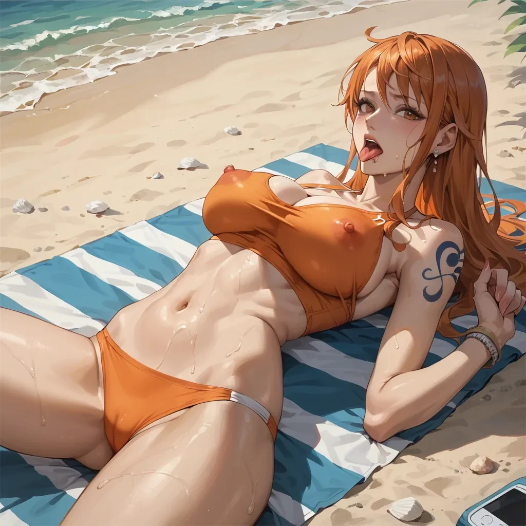 view from under the skirt, Nami from One Rice, orange tight panties. on the beach, erect nipples, tongue sticking out