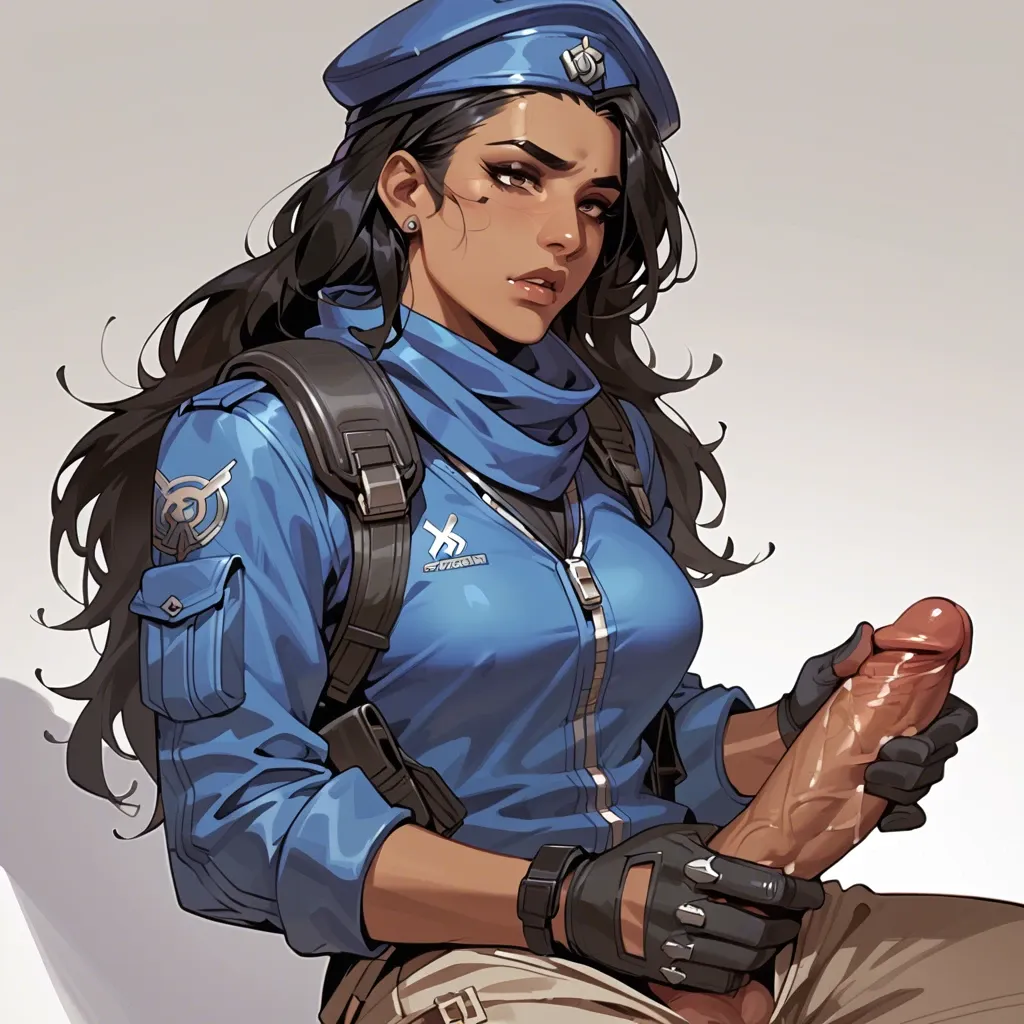 Ana Amari young from Overwatch, in her outfit, pants, handjob