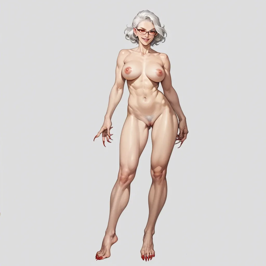 Ayase seiko (dandadan),gilf,sharp toe nails,long toe nails,clawed feet,white hair,mature woman,red glasses,behive hairstyle,almost nude,seductive,smirk,standing,