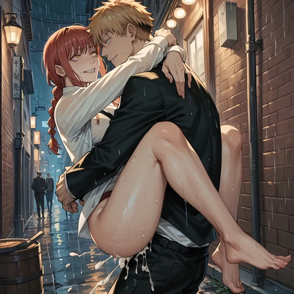 1boy, 1girl, denji (chainsaw man), makima (chainsaw man), suspended congress, cum, vaginal, night, alleyway, rain, style_anime, anime, rolling eyes, smile, leg lock, arm lock