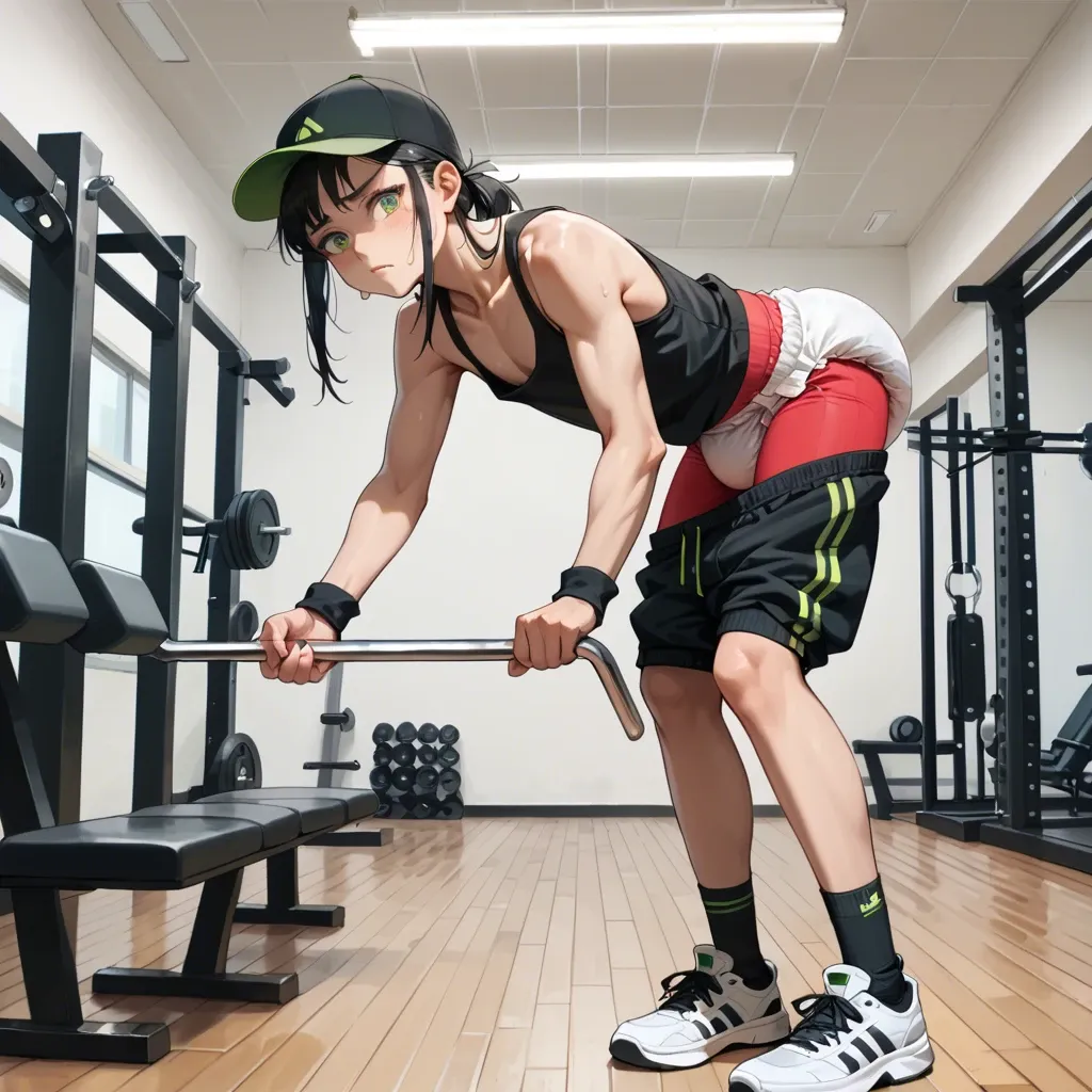 1boy, cute, anime, femboy, petite, long black hair, green eyes, hat, tank top, diaper, black sweatpants pulled down, black socks, sneakers, gym, standing