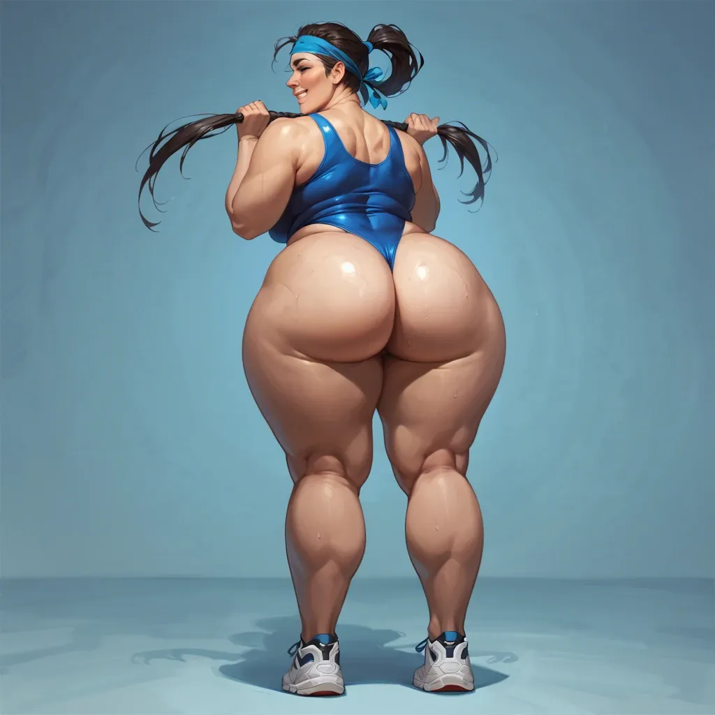 girl, 1, blue one-piece swimsuit, big boobs, big legs, big ass, fat, hair pulled back, smiling, headband, standing, full height, in sneakers, gym