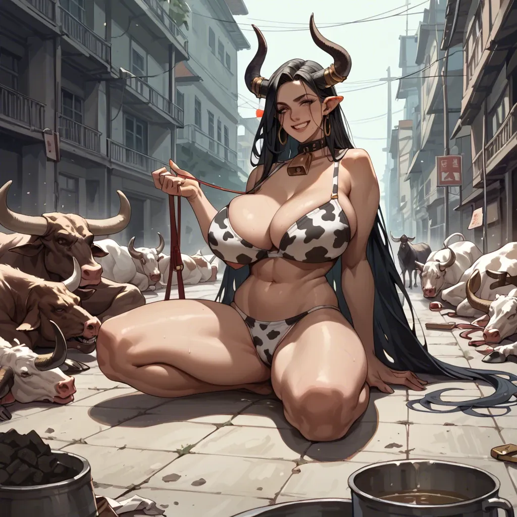 Girl, giant, sitting on the floor, huge figure cow thongs, cow bra, cow underwear, cow girl, domineering, predatory smile, too big breasts, big and long horns, Huge girl, long dark hair, dangerous, dominant, OVERLY HUGE TITS, VERY BIG TITS, TITS MORE BIGGER SIZE, HUGE ASS, cold temperature image, white background, white room, very tall girl, soft slender tummy, angry, naked, Adult