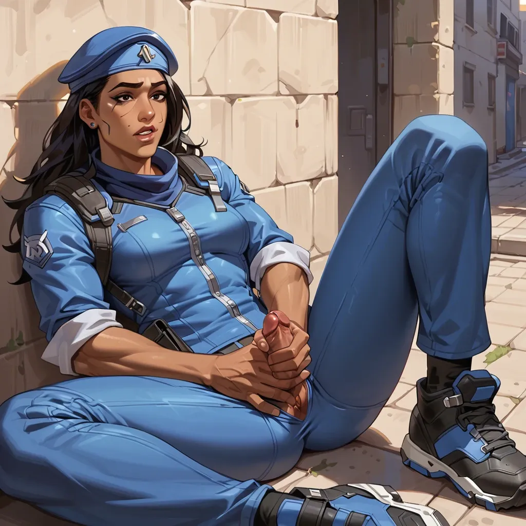 Ana Amari young from Overwatch, in her outfit,pants, jerking dick, jerking off, jerking off with hands, masturbate