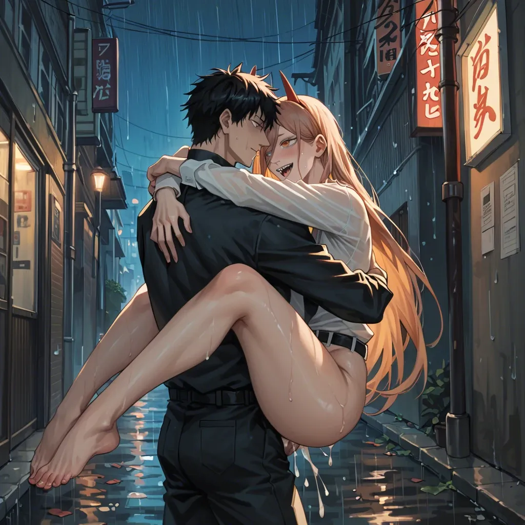 1boy, 1girl, denji (chainsaw man), power (chainsaw man), suspended congress, cum, vaginal, night, alleyway, rain, style_anime, anime, rolling eyes, smile, leg lock, arm lock