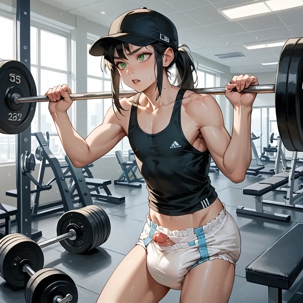 1boy, cute, anime, femboy, petite, long black hair, green eyes, hat, tank top, hard cock, diaper pulled down, gym, lifting weights