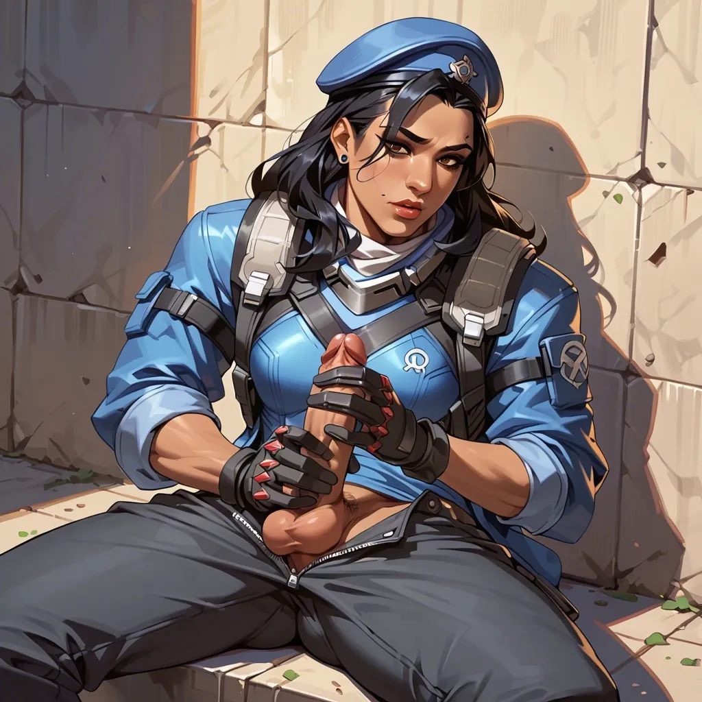 Ana Amari young from Overwatch, in her outfit, pants, handjob for her man