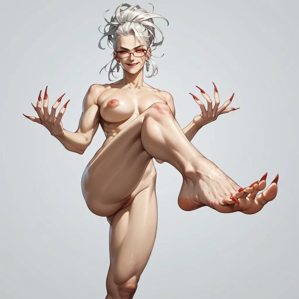 Ayase seiko (dandadan),gilf,sharp toe nails,long toe nails,clawed feet,white hair,mature woman,red glasses,behive hairstyle,almost nude,seductive,smirk,standing,foot fetish,stand on,