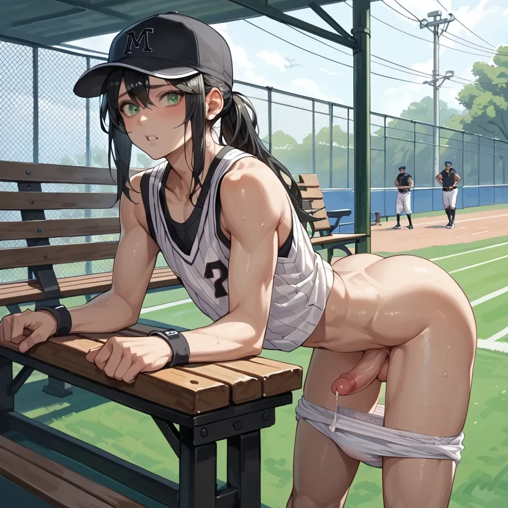 1boy, cute, anime, femboy, long black hair, green eyes, baseball hat, tanktop, diaper pulled down, hard cock, bench press, public gym