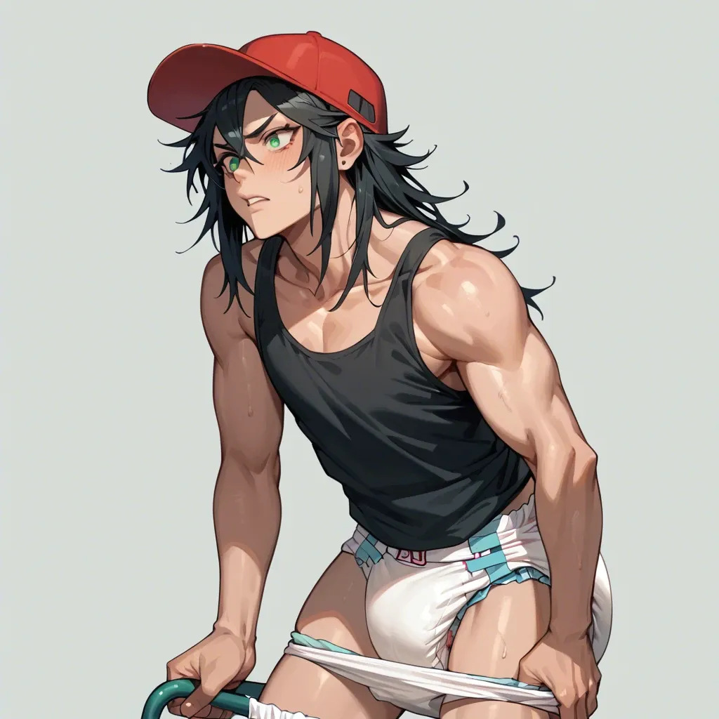 1boy, cute, anime, femboy, long black hair, green eyes, baseball hat, tank top, diaper pulled down, hard cock, benchpress, gym