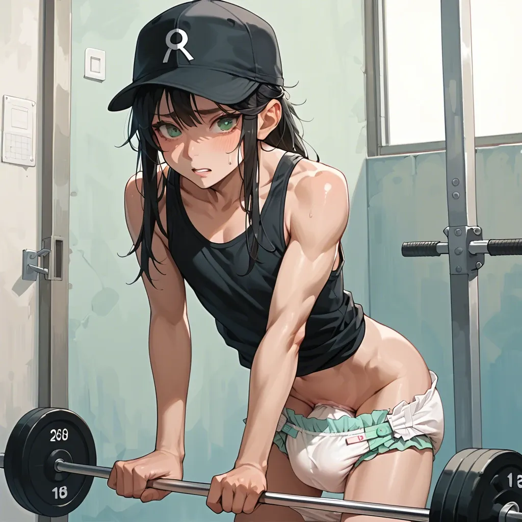 1boy, cute, anime, femboy, petite, long black hair, green eyes, hat, tank top, diaper pulled down, hard cock, gym