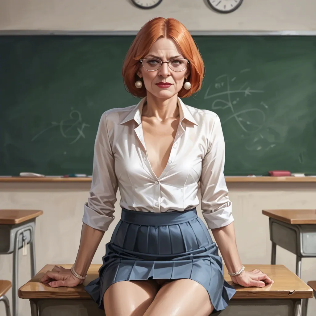 realistic realistic,full detailed,accurate,lois griffin,mature,milf,petite,flat chest,skinny,slim,glasses,blouse,skirt,classroom