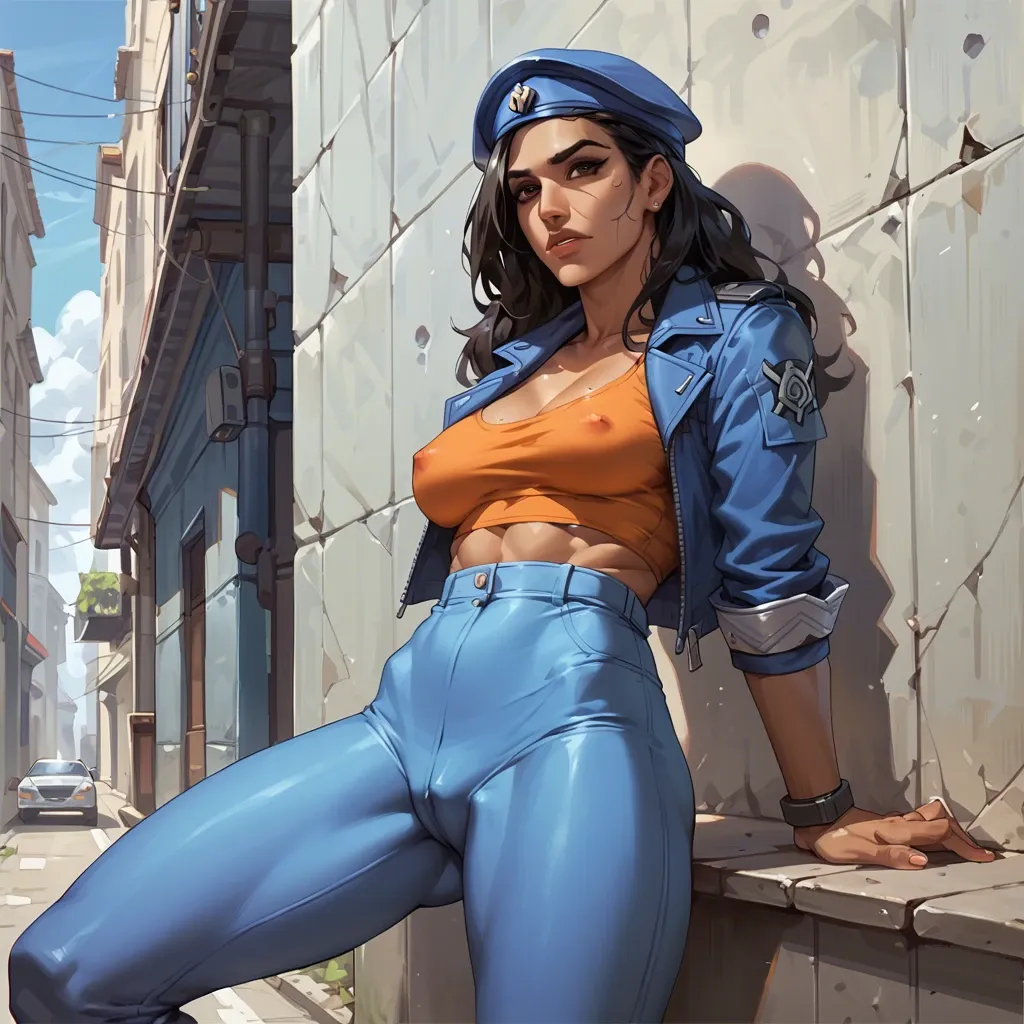 Ana Amari young from Overwatch, in her outfit, full in clothes, no bare places, pants, tease