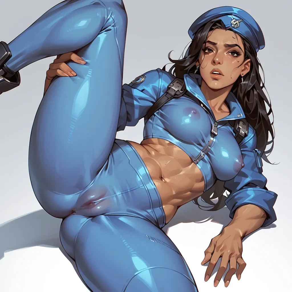 Ana Amari young from Overwatch, in her outfit, full in clothes, no bare places, tight pants