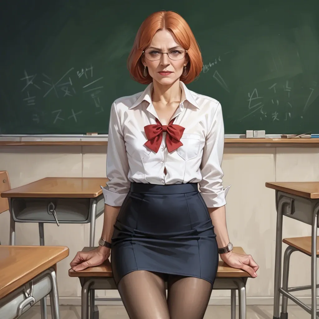 realistic realistic,full detailed,accurate,lois griffin,mature,milf,petite,flat chest,skinny,slim,glasses,blouse,skirt,pantyhose,classroom