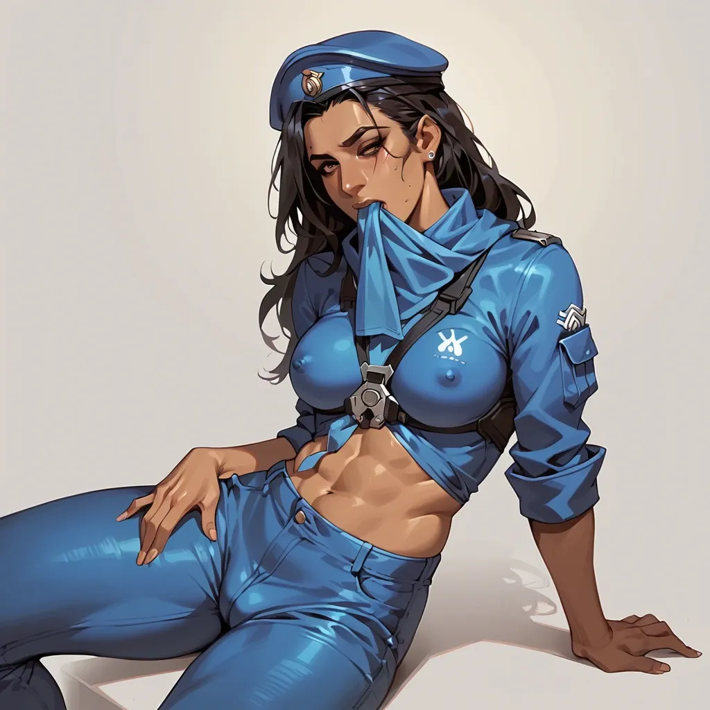 Ana Amari young from Overwatch, in her outfit, no bare places, pants, take in mouth