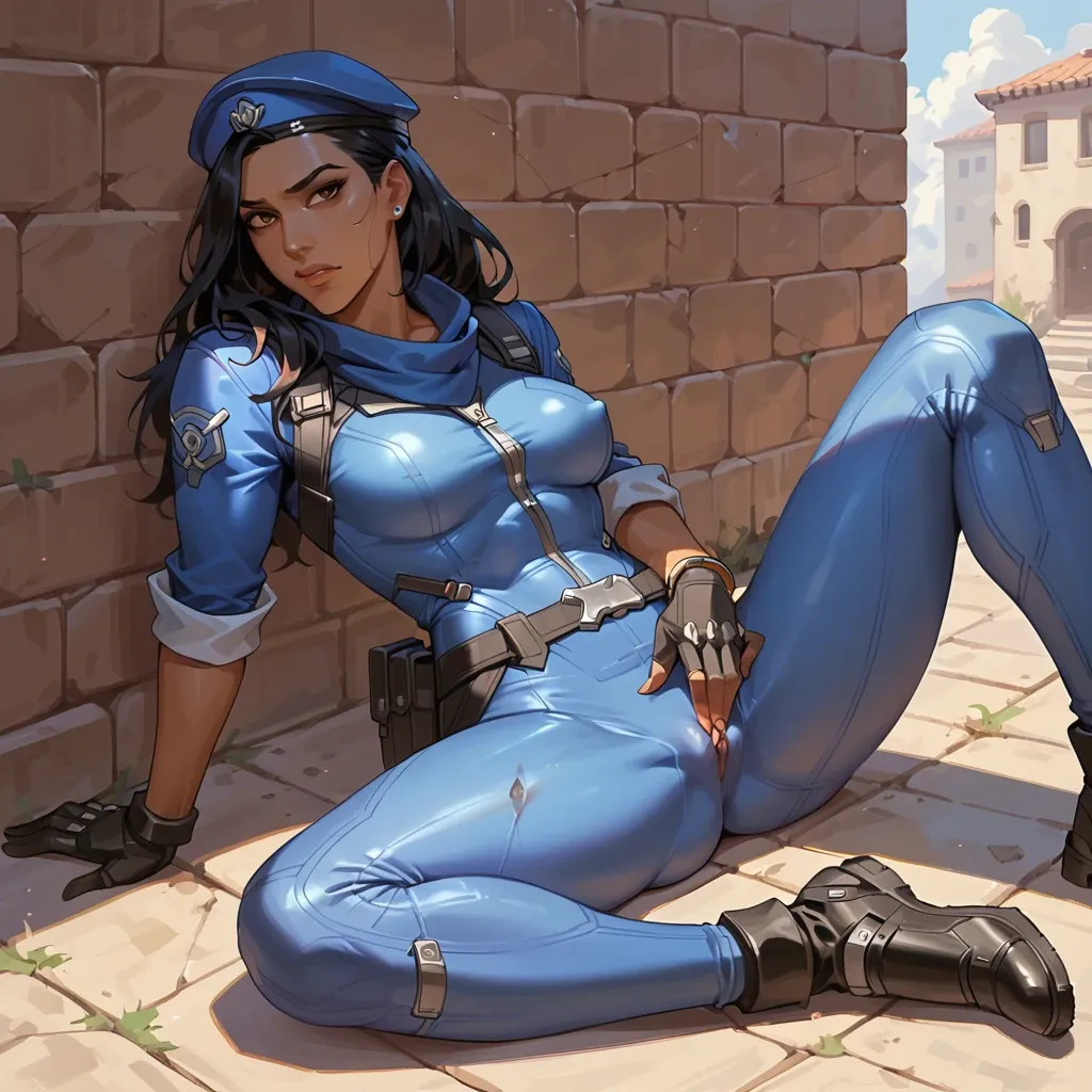 Ana Amari young from Overwatch, in her outfit, full in clothes, no bare places, pants