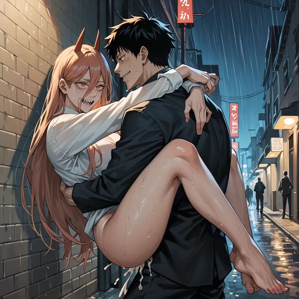 1boy, 1girl, denji (chainsaw man), power (chainsaw man), suspended congress, cum, vaginal, night, alleyway, rain, source_anime, anime, rolling eyes, smile, leg lock, arm lock