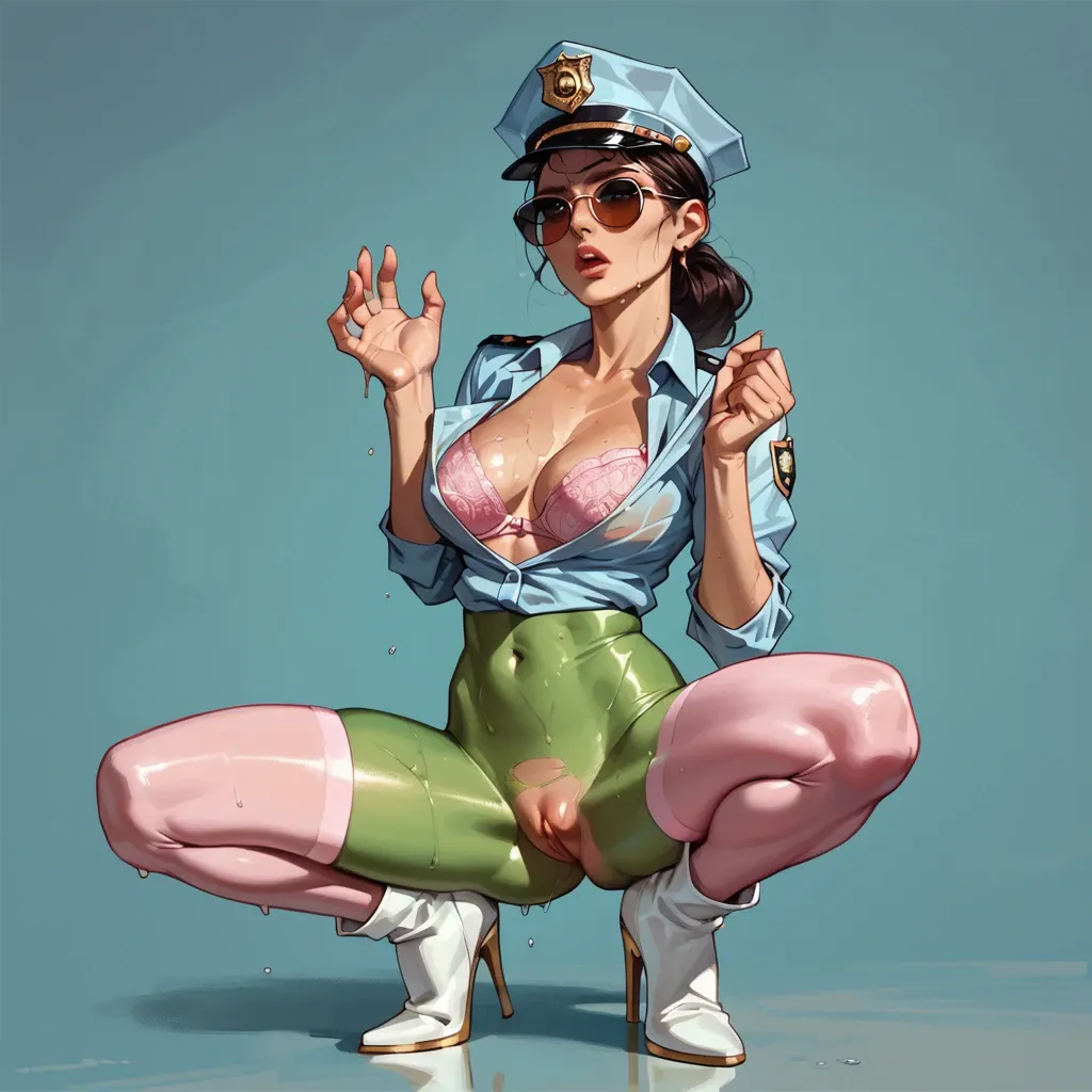 1girl,solo, , , , big eyes,perfect hands,big perky boobs,hip bones,wet skin, formal shirt,pink stockings,glasses,green bodysuit,heels, police uniform,gold stockings,sunglasses,bra,white boots, crowded street, medieval prison, camera, detailed eyes, very low light, anna hair, ariel waifu