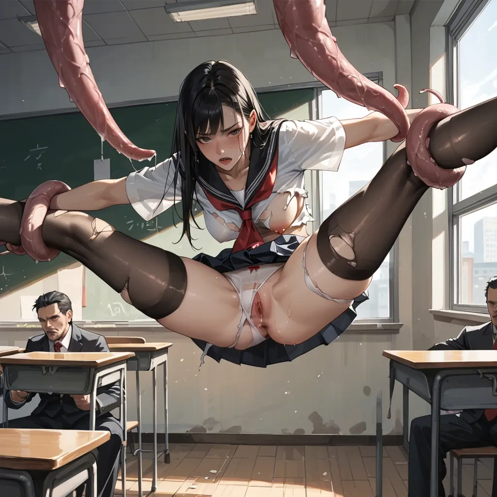 Schoolgirl, black hair, black eyes, tentacles, ripped clothing, stockings, panties, hanging, legs spread, public, classroom