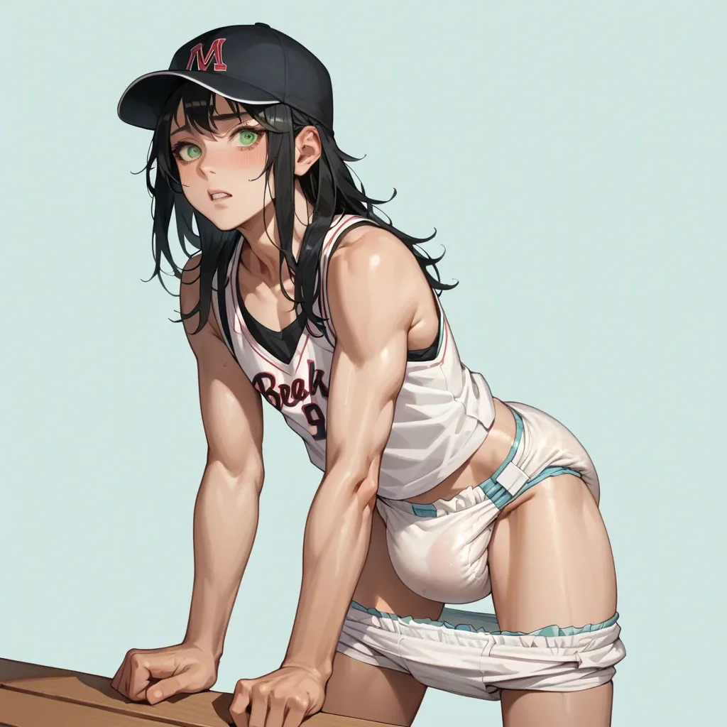 1boy, cute, anime, femboy, long black hair, green eyes, baseball hat, tanktop, diaper pulled down, hard cock, benchpress, gym