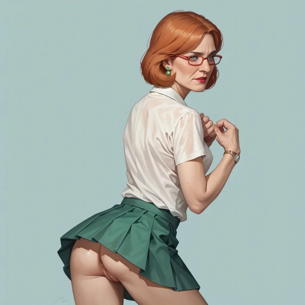 realistic 4k,full detailed,accurate,lois griffin,mature,milf,petite chest,skinny,slim,glasses,shirt,cleft of venus,shirt,upskirt,shy,rear view