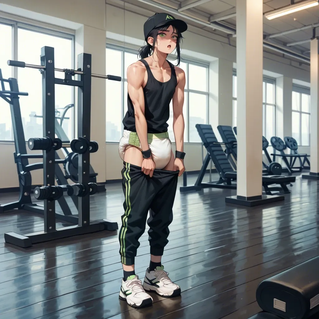 1boy, cute, anime, femboy, petite, long black hair, green eyes, hat, tank top, diaper, black sweatpants pulled down, black socks, sneakers, gym, standing