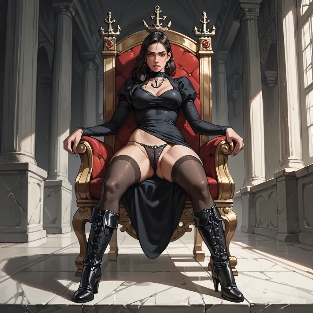 3girl, , , , large nose,ankle,perky tits,wide hip,knee-high, black dress,anchor necklace,hand on panties,black bodysuit,boots, throne room