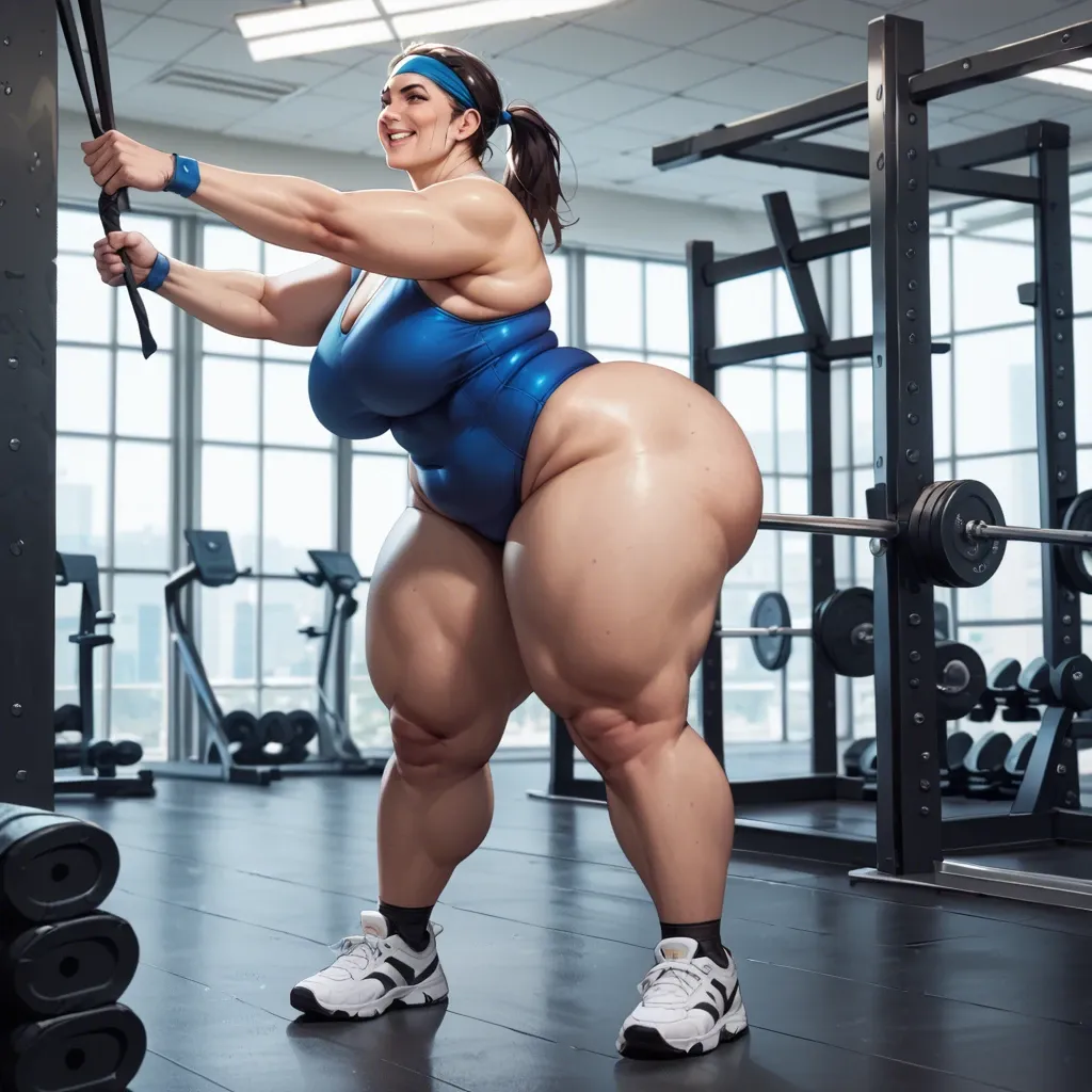 girl, 1, blue one-piece swimsuit, big boobs, big legs, big ass, fat, hair pulled back, smiling, headband, standing, full height, in sneakers, gym