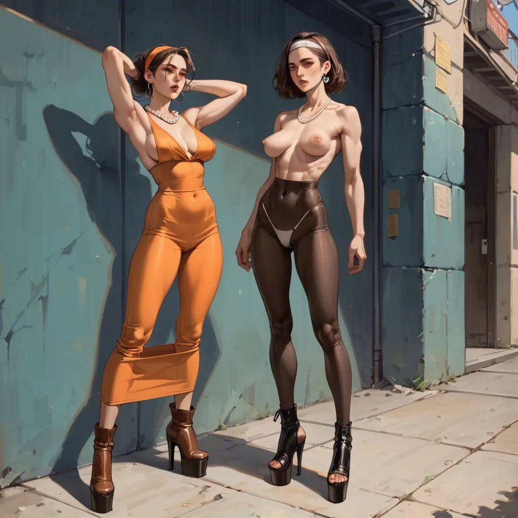 2girl, , , , eye catchlights,clean armpit,saggy breasts,slender waist,doll joints, pants,leggings,big earrings,white panties,platform heels, orange sundress,pearl necklace,headband,low rise thong,brown boots, gamer bedroom, blake, detailed image, golden hour, princess zelda, spider-gwen