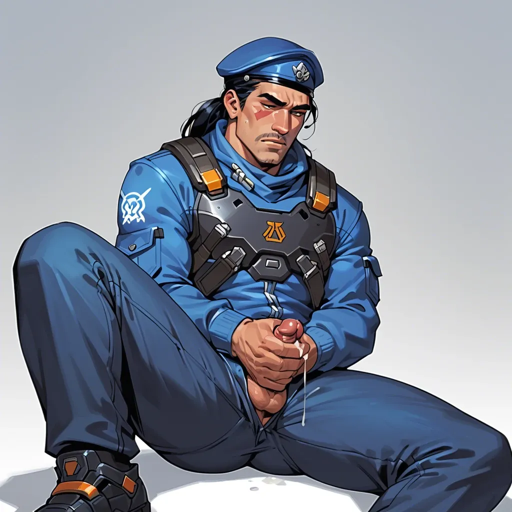 Ana Amari young from Overwatch, in her outfit,pants, jerking mans dick, jerking off to man, jerking off with hands, masturbate to man