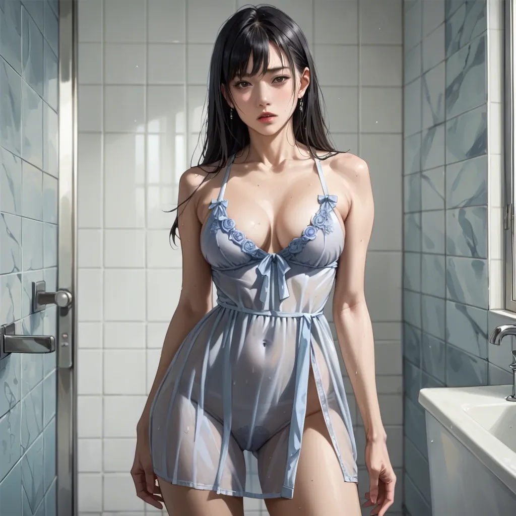 Girl, night dress, thick waist, pretty face, dark hair, anime style, realistic anime, in bathroom