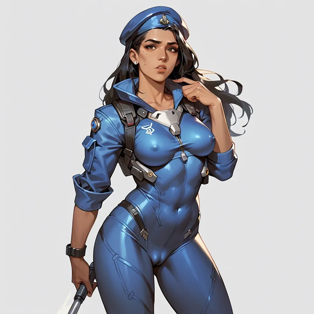 Ana Amari young from Overwatch, in her outfit, full in clothes, no bare places, tight pants