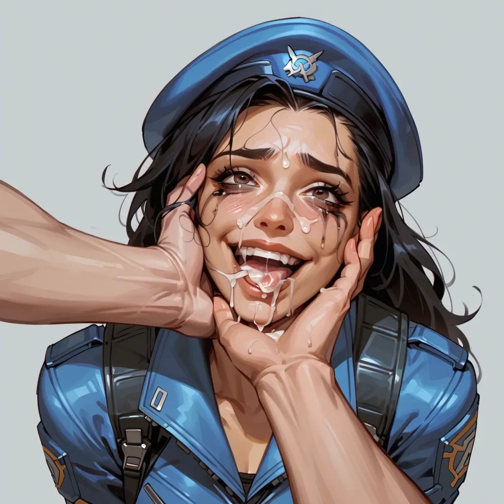 Ana Amari young from Overwatch, in her outfit, pants, sloppy, drooling, look in eyes, happy tears,  happy face, smile, Runny mascara, boobs, sex gestures, cum on face, cum in mouth