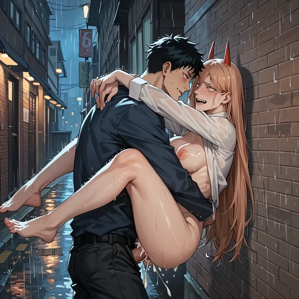 1boy, 1girl, Power (chainsaw man), against wall, suspended congress, alleyway, rain, night, leg lock, arm lock, cum, vaginal, source_anime, anime, rolling eyes, smile