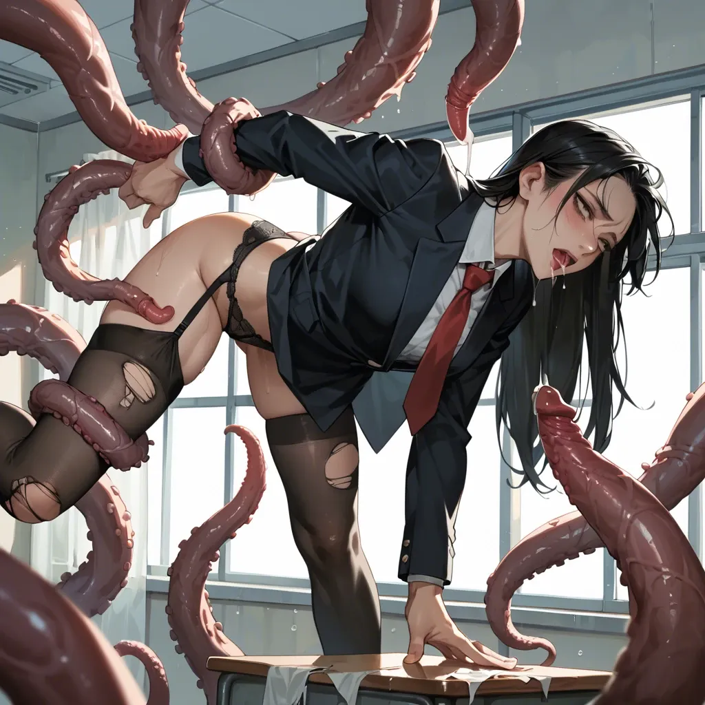 Schoolgirl, black hair, black eyes, tentacles, ripped clothing, stockings, panties, hanging