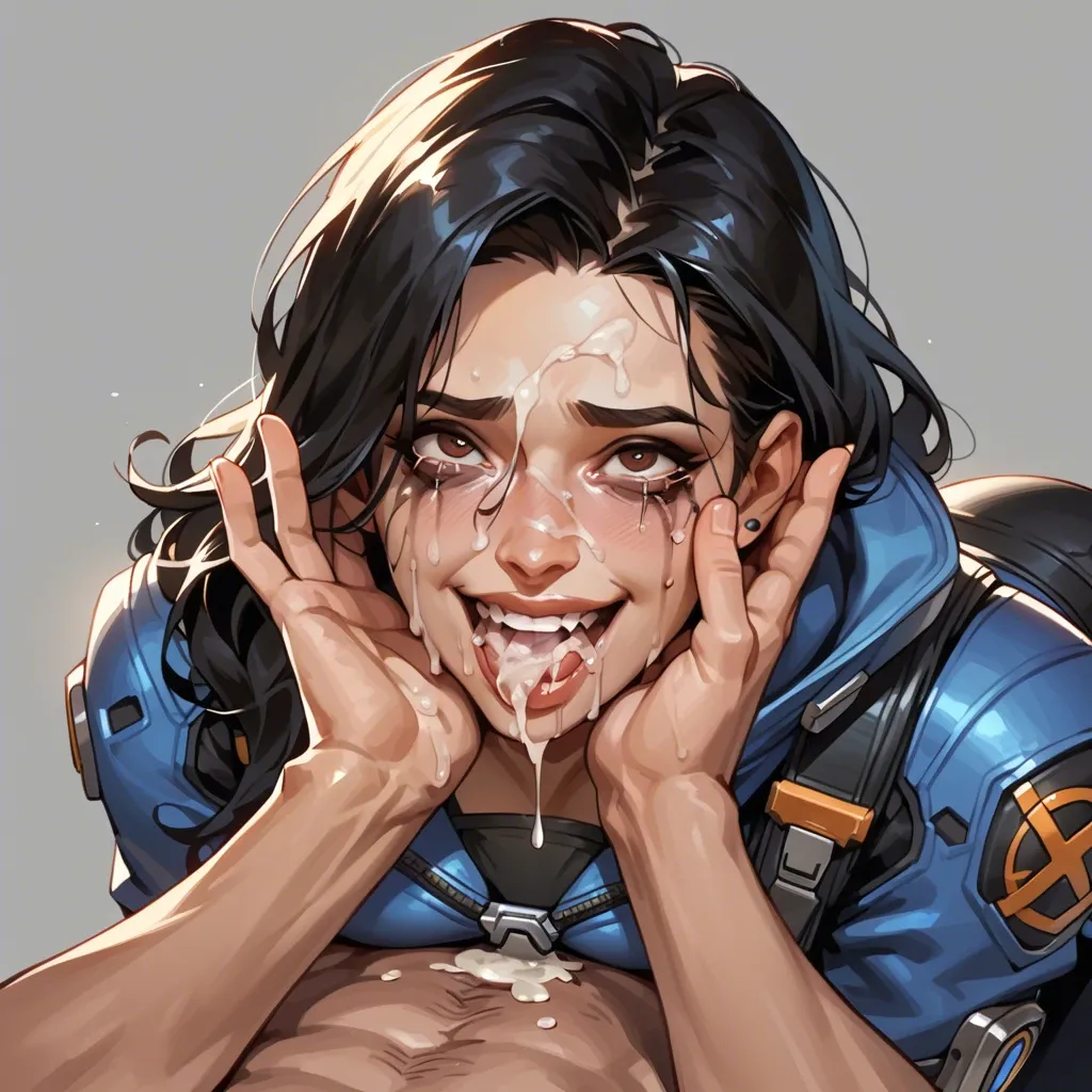 1 girl, Ana Amari young from Overwatch, in her outfit, pants, sloppy, drooling, look in eyes, happy tears,   satisfyed face, Runny mascara, boobs, sex gestures, so much Cum, cum on face, cum in mouth, on her knees, no hands, no Male hands, no dick, no cock, no penis