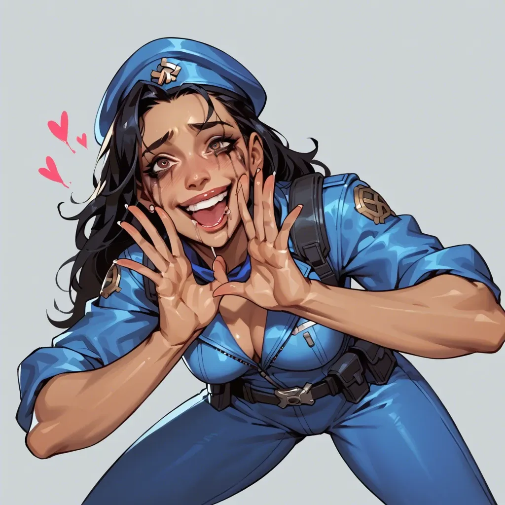 Ana Amari young from Overwatch, in her outfit, pants, sloppy, drooling, look in eyes, happy tears,  happy face, smile, Runny mascara, boobs, sex gestures,