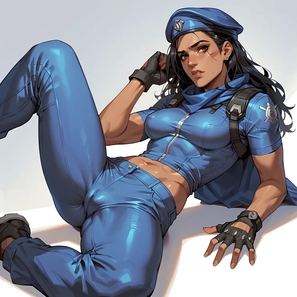 Ana Amari young from Overwatch, in her outfit, full in clothes, no bare places, pants