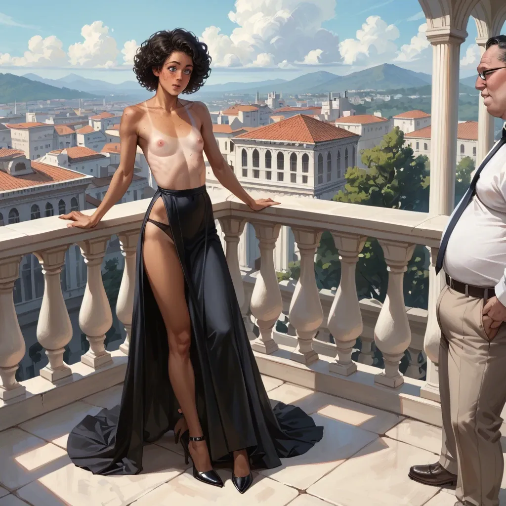 hyper realistic, skinny, petite, flat chest, tan line, black curly hair, blue eyed, wide eyed, blushing, freckles, nude tits, black long dress, black panties, black stockings, high heel shoes, balcony, dressed old fat men, anal sex, cum on stockings