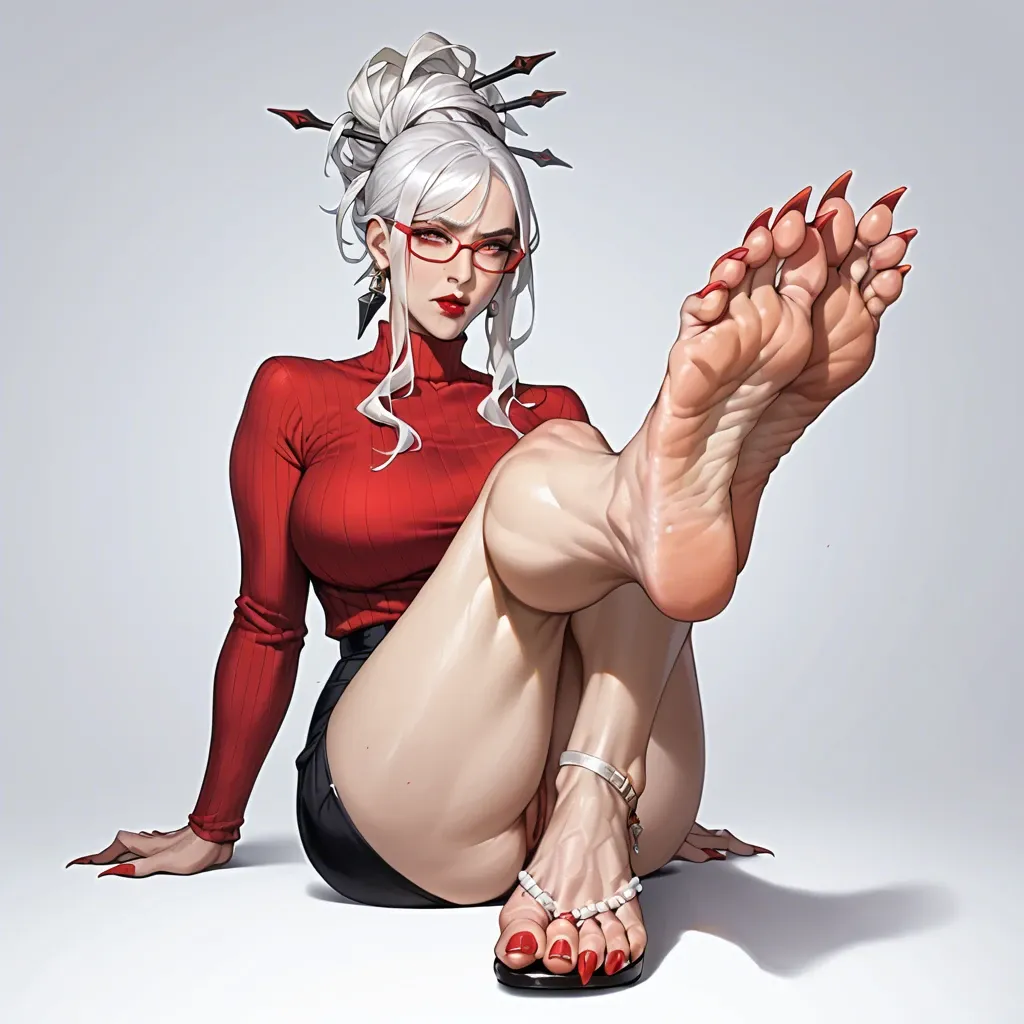 Ayase seiko (dandadan),gilf,sharp toe nails,long toe nails,clawed feet,white hair,mature woman,red glasses,behive hairstyle,