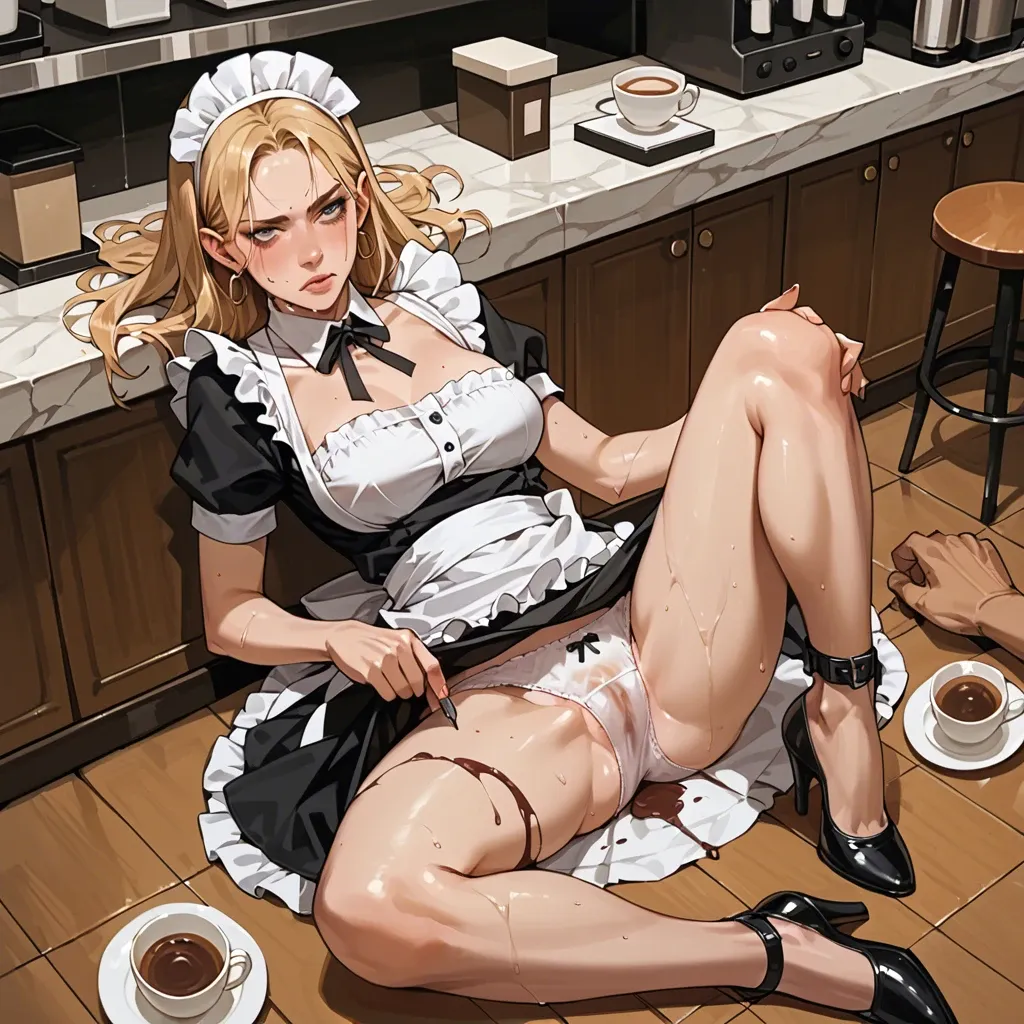 Barista, blonde, maid dress, on the floor, tripped, tied legs, wet panties, coffee, tea