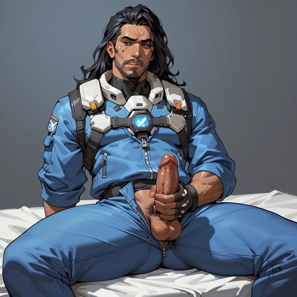 Ana Amari young from Overwatch, in her outfit,pants, jerking mans dick, jerking off for man, jerking off with hands, masturbate for