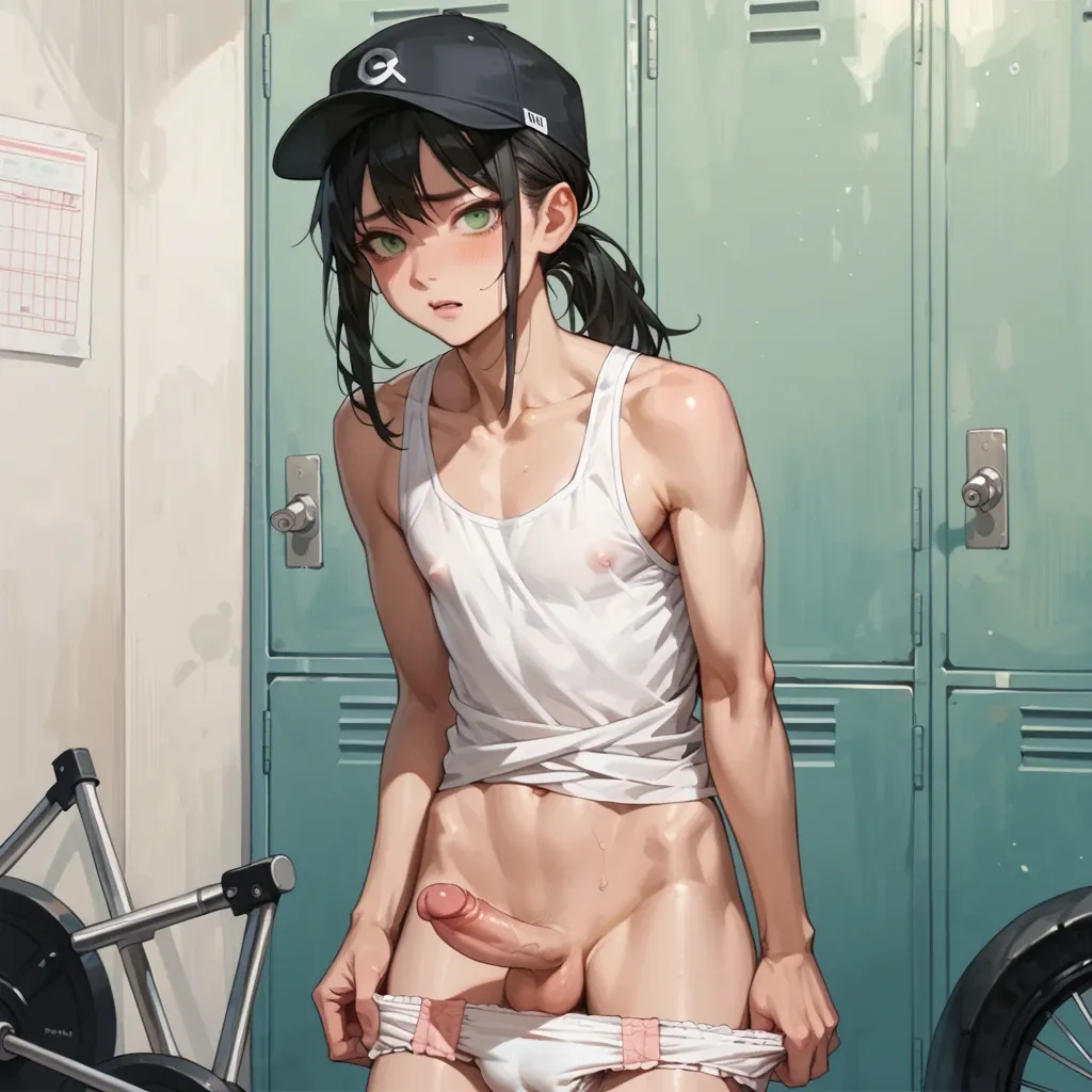 1boy, cute, anime, femboy, petite, long black hair, green eyes, hat, tank top, hard cock, diaper pulled down, gym